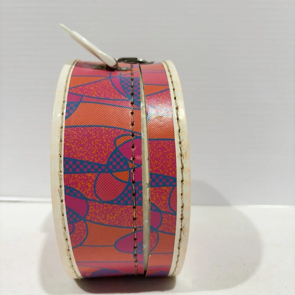 Vintage 1970's Mod Psychedelic Round Doll Case Hat Box Child's Suitcase Pink